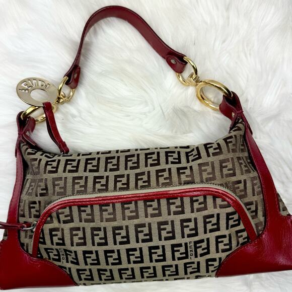 💎✨BEAUTIFUL✨💎Authentic Fendi Zucchino Canvas Leather Red and Brown - Picture 5 of 10